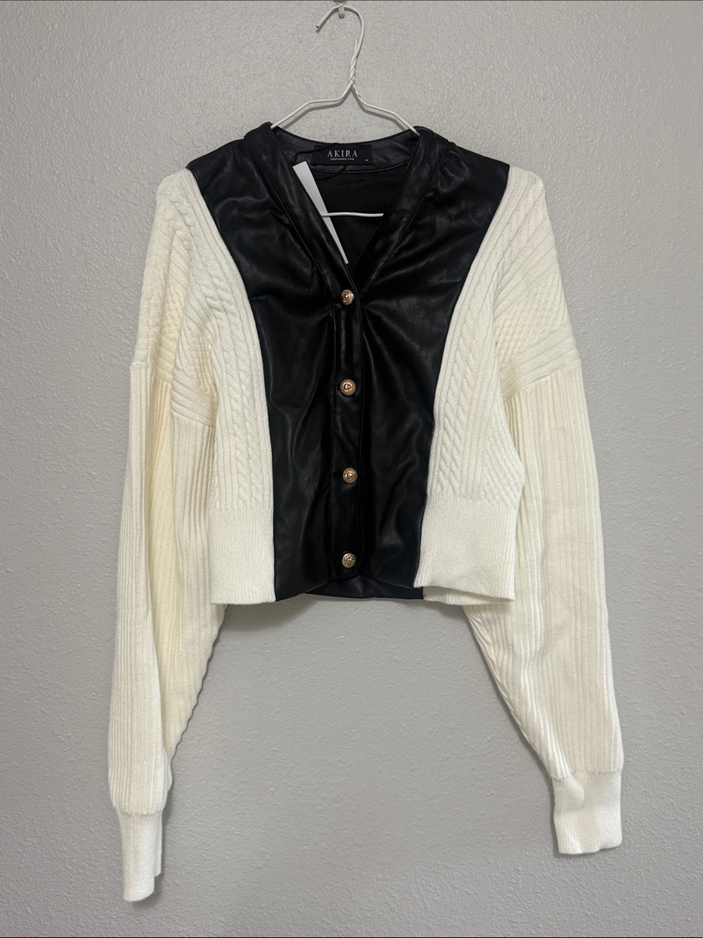 AKIRA Black & Cream Faux-Leather Panel Button-Front Cardigan
